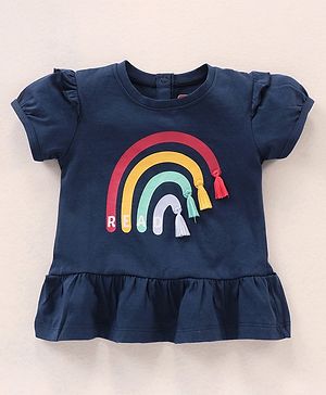 Babyhug Puff Sleeves Cotton Knit Rainbow Print Top with Frill & Tassel Detailing- Navy Blue
