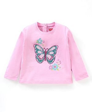 Babyhug Full Sleeves Cotton T-Shirt With Sequin Butterfly Embroidery- Pink