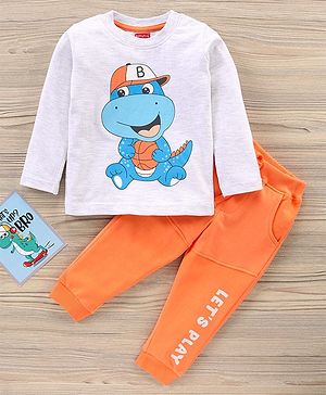 Babyhug Full Sleeves T-Shirt & Joggers Set Dino & Text Print - Orange Melange White