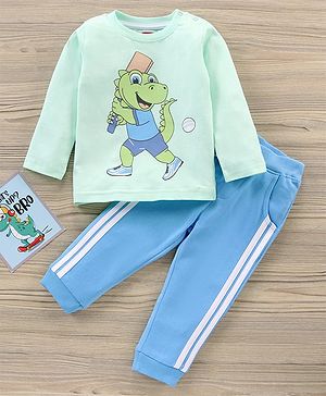 Babyhug Full Sleeves T-Shirt & Joggers Set Dino Print - Light Green Blue