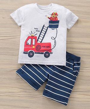 Babyhug Half Sleeves Cotton Fire Truck Print T-shirt and Striped Short Set - Grey Black