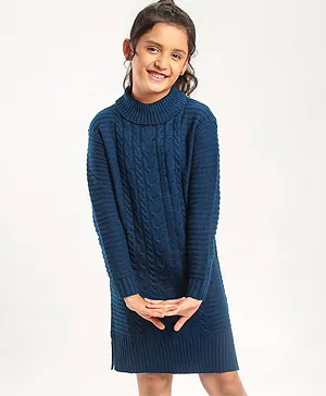 Pine Kids Full Sleeves Moderate Winter Turtle Neck Dress With Cable Knit - Greenish Blue