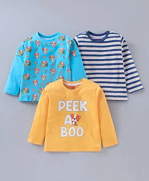 Babyhug Full Sleeves Cotton T-Shirt Tiger & Stripes Print Pack of 3- Multicolor