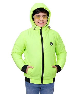 Pine Kids Full Sleeves Moderate Winter Solid Puffed Hooded Jacket - Green