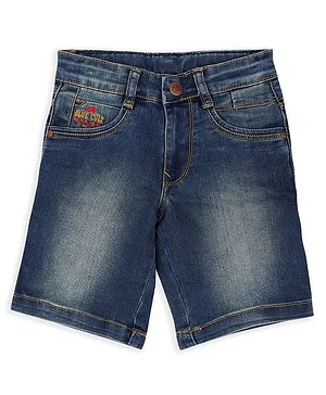 LEO Stretch Button Down Leo Blue Cult Pocket Placement Embroidered Solid Denim Bermuda Shorts - Blue