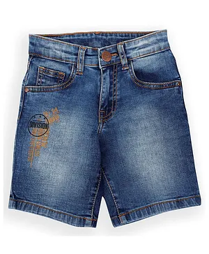 LEO Stretch Button Down Abstract Text Placement Embroidered Solid Denim Bermuda Shorts - Blue