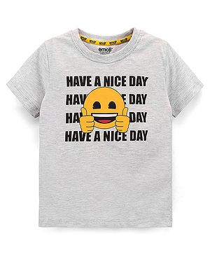Pine Kids Half Sleeves Biowashed T-Shirt Emoji Print - Grey