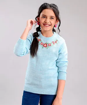 Pine Kids Polyester Knit Full Sleeves Pullover Sweaters Floral Embroidered - Light Blue