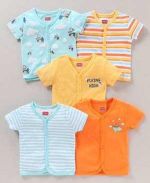 Babyhug 100% Cotton Half Sleeves Bear Printed & Striped Vests Pack Of 5 - Multicolour