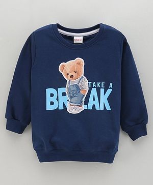 Babyhug Full Sleeves Knit Sweatshirt With Bear Applique & Text Print- Blue