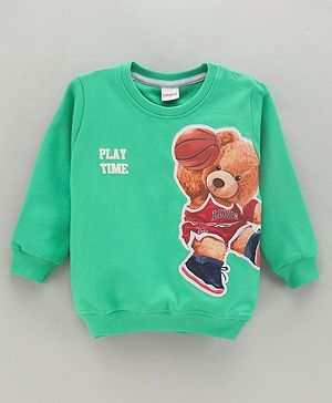 Babyhug Full Sleeves Cotton Knit Sweatshirt With Teddy Bear Applique - Green
