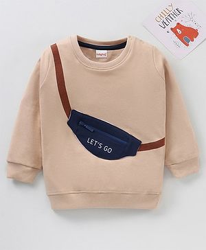 Babyhug Full Sleeves Cotton Knit Sweatshirt With Bag Print & Applique - Beige
