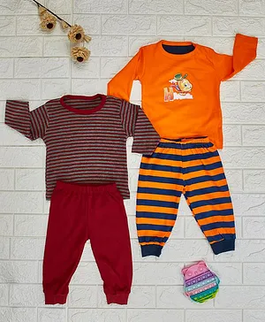 Kidi Wav Full Sleeves Striped & Chest Printed Tee & Jogger Pants - Maroon & Orange