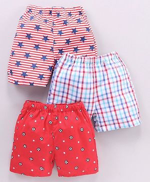 Babyhug Cotton Woven Boxers Multi-Print Pack of 3 - Red Blue