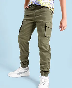 Pine Kids Cotton Woven Full Length Joggers with Cargo Pockets Solid - Olive