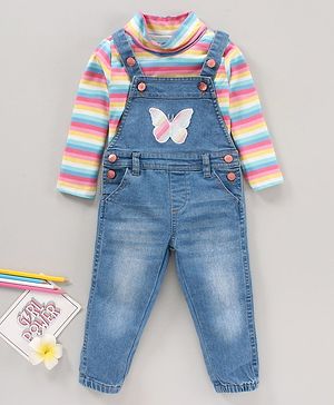Babyhug Cotton Knit Full Sleeves Inner Tee with Dungarees - Striper Denim