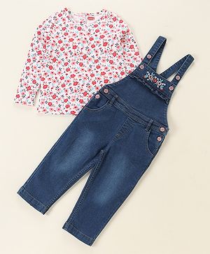 Babyhug Denim Floral Embroidery Dungaree with Cotton Full Sleeves Floral Print Top -