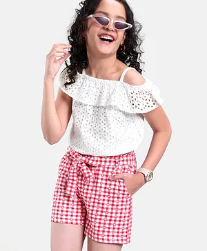 Pine Kids Off Shoulder Sleeves Top & Checked Knit Shorts Set Schiffli Design - Red