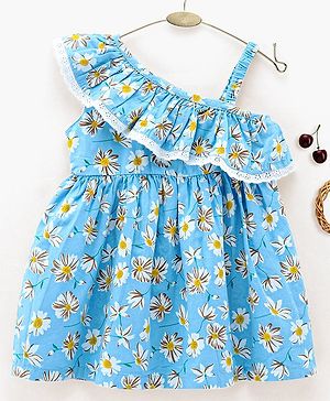 Babyhug 100% Cotton One Shoulder Frock Floral Print - Blue