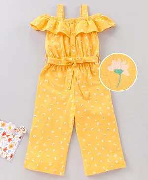 Babyhug 100% Cotton Cold Shoulder Jumpsuit Flower Print - Yellow