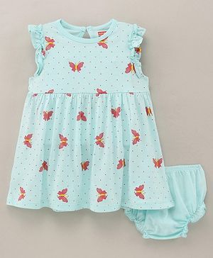 Babyhug 100% Cotton Short Sleeves Butterfly Printed Frock With Bloomer - Mint