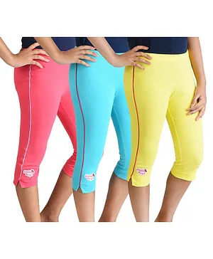 Clothe Funn Pack Of 3 Hello Angel Patch Detailing Capri Pants - Coral Lemon Yellow & Blue