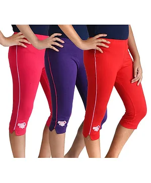 Clothe Funn Pack Of 3 Hello Angel Patch Detailing Capri Pants - Fuchsia Pink Purple & Red