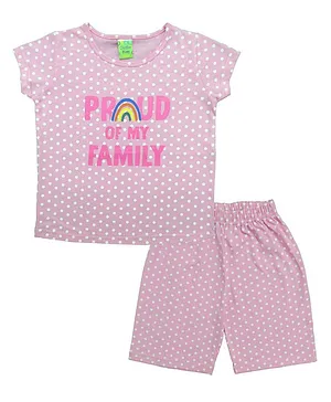 Clothe Funn Half Sleeves Proud Of My Family & Rainbow On Polka Dot Print Coordinated Night Suit - Pink