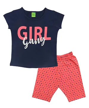 Clothe Funn Half Sleeves Girl Going & Dots Print Night Suit - Navy Blue & Coral