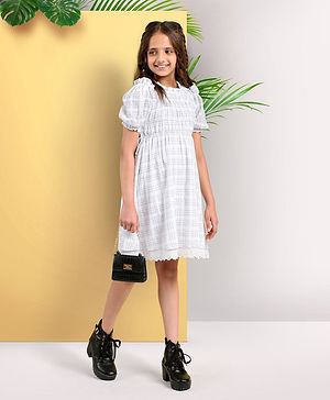 Arias 100% Cotton Yarn Dye Dobby Check Dress with Smocked Yoke - White