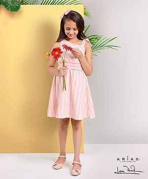 Arias 100% Cotton Yarn Dye Dress with Smocked Waist - Peach