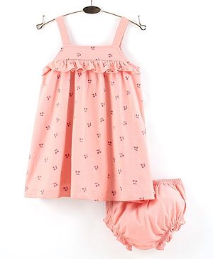 Babyhug 100% Cotton Singlet Cherry Print Frock With Bloomer - Light Pink
