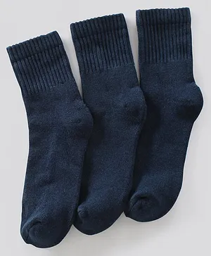 Pine Kids Ankle Length Anti Microbial Washed School Terry Socks Solid Pack of 3- Navy Blue