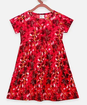 Lilpicks Couture Half Sleeves Abstract Paint Splash Print Fit & Flared Dress - Red