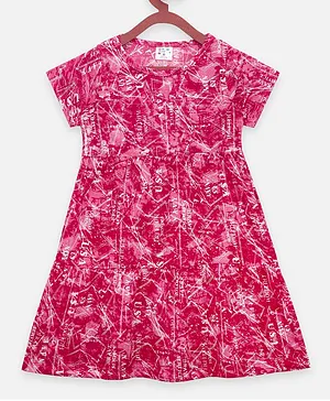 Lilpicks Couture Half Sleeves Abstract Paint Splash Print Fit & Flared Dress - Pink