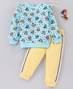 Babyhug Cotton Knit Full Sleeves T-Shirt & Lounge Pant Set All Over Minnie Mouse Print - Blue Yellow