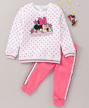 Babyhug Full Sleeves Top and Lounge Pant Minnie Mouse Print - White AOP Pink