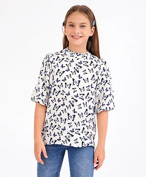 Primo Gino Allover Butterfly Print Top With Flounce Sleeve And Back Button Detail - White