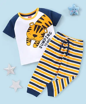 Babyhug 100% Cotton Knit Half Sleeves Night Suit Tiger Print - White & Yellow