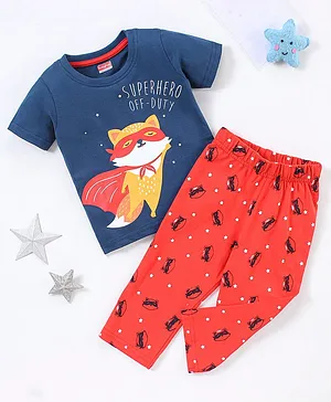 Babyhug 100% Cotton Knit Half Sleeves Night Suit Fox Print - Navy Blue & Red