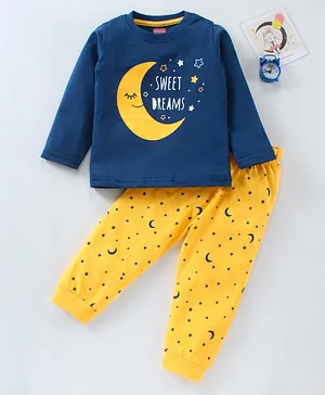 Babyhug Full Sleeves Night Suit Moon Print - Navy Yellow