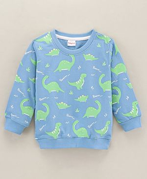 Babyhug Full Sleeves Cotton Blend Knit Sweatshirt With Dino Print - Blue