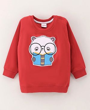 Babyhug Full Sleeves Cotton Knit Sweatshirt With Cartoon Print Applique - Red