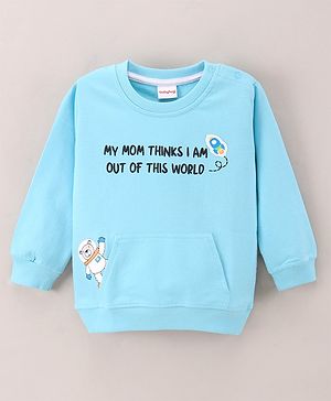 Babyhug Full Sleeves Knit Sweatshirt WIth Kangaroo Pocket & Text Print - Blue