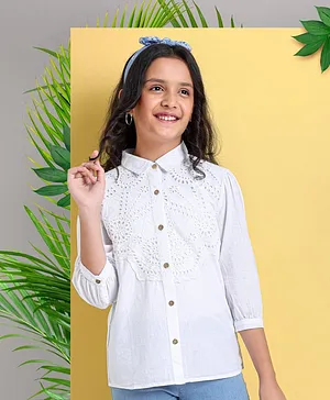 Arias 100% Cotton Shirt with Schiffli Embroidered -White