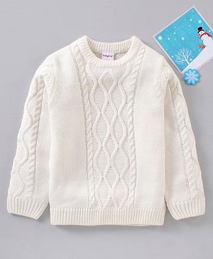 Babyhug Full Sleeves Cable Knit Solid Sweater  - White