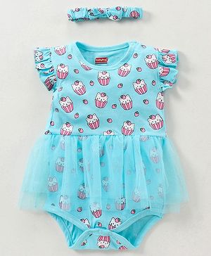 Babyhug Cotton Knit Short Sleeves Ice Cream Printed Onesies With Hairband - Blue