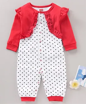Babyhug 100% Cotton Full Sleeves Rompers Polka Dot Print - Red