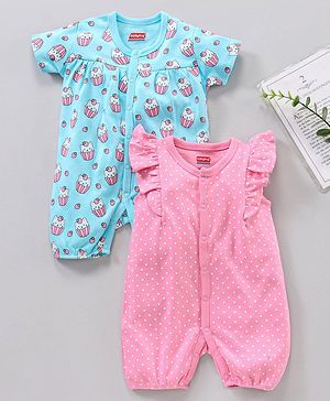 Babyhug 100% Cotton Half Sleeve Romper Kittens and Spot Print Pack of 2 - Pink and Blue