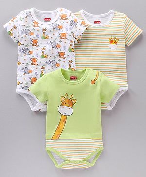 Babyhug 100% Cotton Half Sleeves Striped and Animal Printed Onesies Pack of 3 - Multicolour